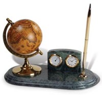 Наст. набор из мрамора GALANT с глобусом, термометром, ручкой (зел. мрамор с зол. отд., часы) 231502