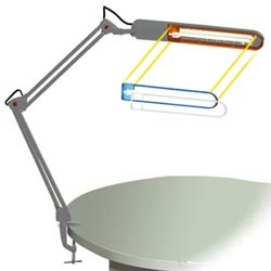 Настольная лампа КТ035С_Gr на струбцине, люминесцент, 11Вт, серая+2рамки (жел,син), высота 60см, 2G7